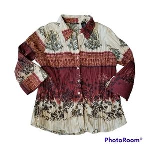 VTG Sweet Basil Western Print Crinckle 3/4 Sleeve Button Shirt Women's Large
